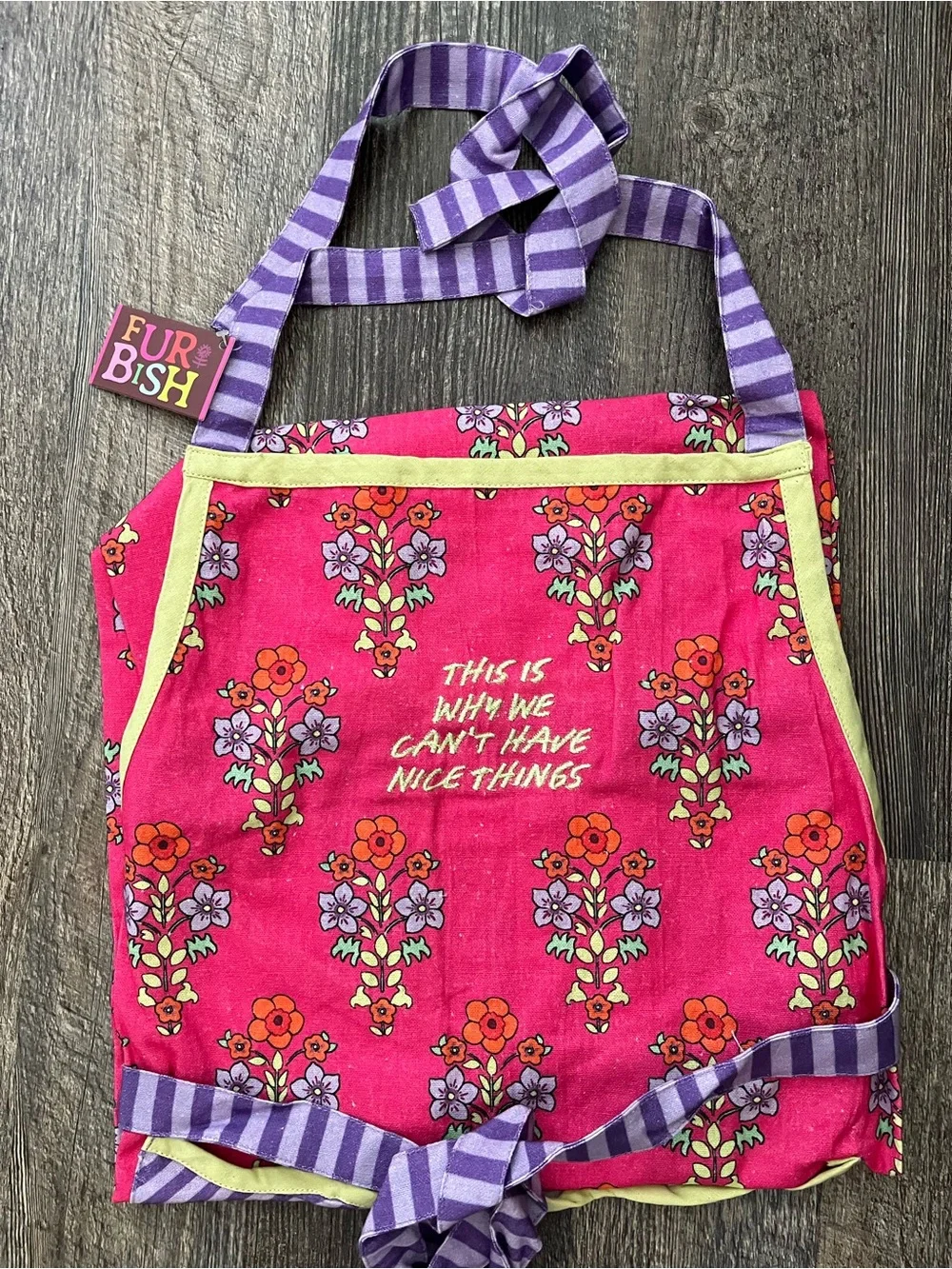 Furbish Studio Cheeky Apron. Bright whimsical colors,stripes, flower prints!